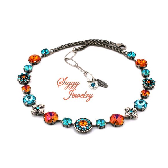 Fiamma Vita Austrian Crystal Flower Necklace Orange and Teal, Antique silver - Picture 4 of 6